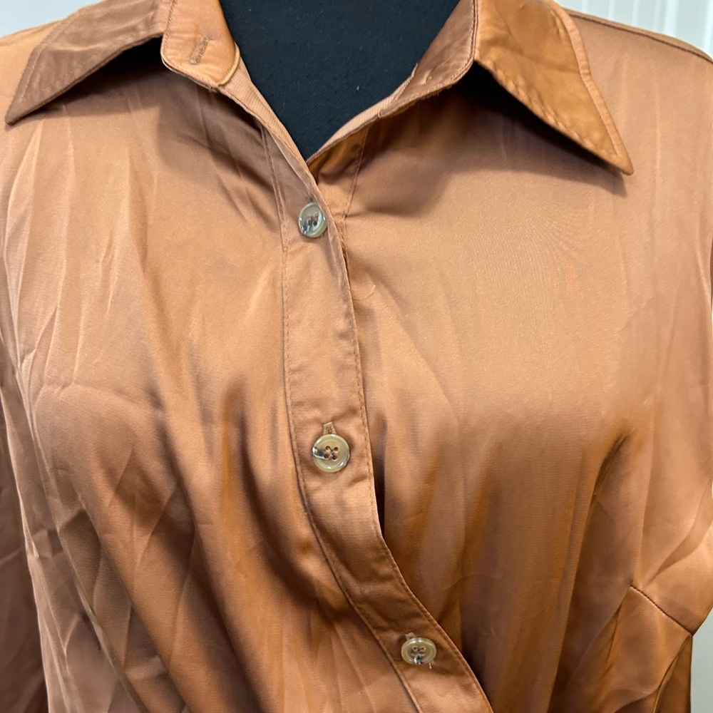 Fashion Nova Copper Wrap Long Sleeve Button Down Satin Dress - Picture 5 of 8
